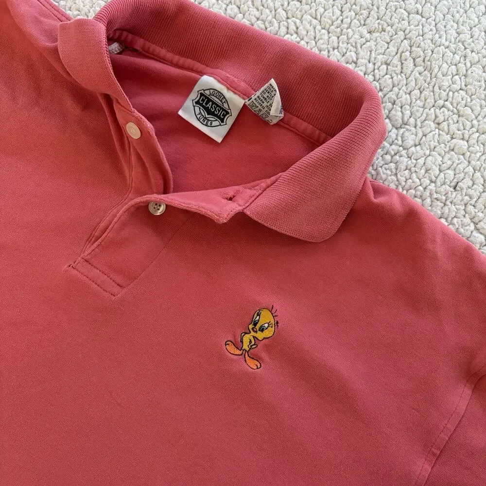 Vintage Looney Tunes Tweety Bird Embroidered Polo Shirt‎ - Medium Red